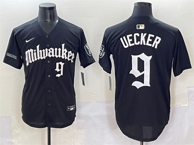 Personalized Men’s Milwaukee Brewers #9 Bob Uecker Black ‘Gothic 414 Shadows Edition’ Premier Limited Stitched Jersey