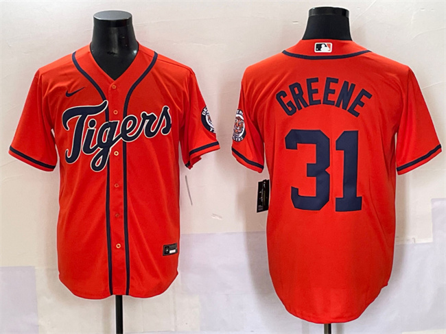 Personalized Men’s Detroit Tigers #31 Riley Greene Orange With Patch Cool Base Stitched Baseball Jersey