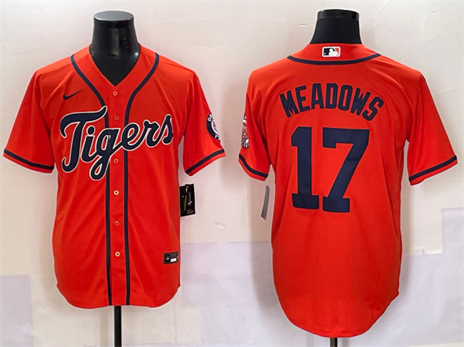 Personalized Men’s Detroit Tigers #17 Parker Meadows Orange With Patch Cool Base Stitched Baseball Jersey