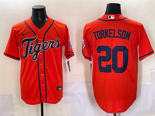 Personalized Men’s Detroit Tigers #20 Spencer Torkelson Orange With Patch Cool Base Stitched Baseball Jersey