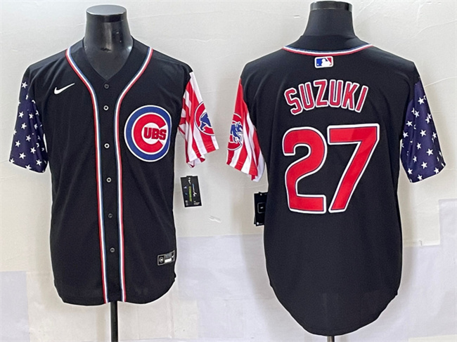 Personalized Men’s Chicago Cubs #27 Seiya Suzuki Black 2025 Independence Day Premier Limited Stitched Baseball Jersey