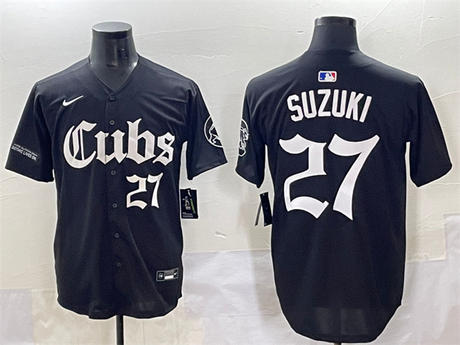 Personalized Men’s Chicago Cubs #27 Seiya Suzuki Black ‘Gothic North Side Edition’ Premier Limited Stitched Baseball Jersey