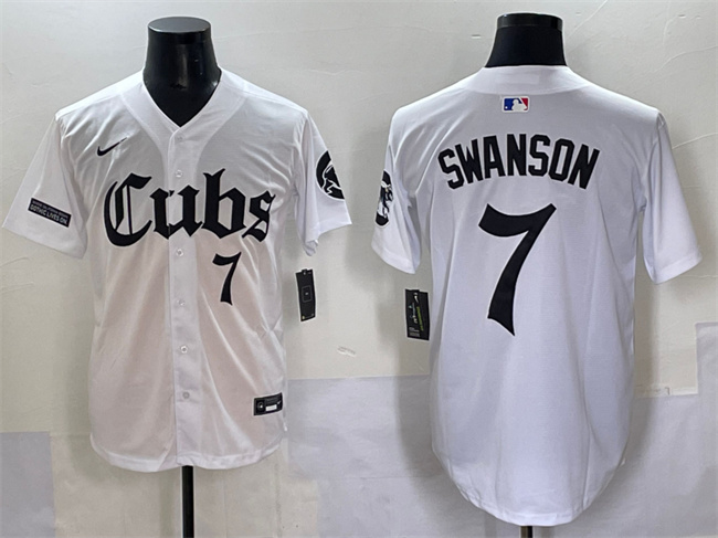 Personalized Men’s Chicago Cubs #7 Dansby Swanson White ‘Gothic North Side Edition’ Premier Limited Stitched Baseball Jersey