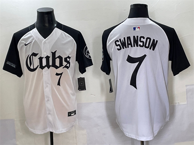 Personalized Men’s Chicago Cubs #7 Dansby Swanson White Black ‘Gothic North Side Edition’ Premier Limited Stitched Baseball Jersey