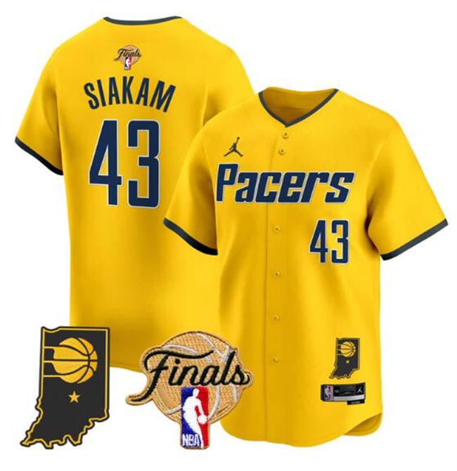 Personalized Men’s Indiana Pacers #43 Pascal Siakam Yellow 2025 Finals Stitched Baseball Jersey