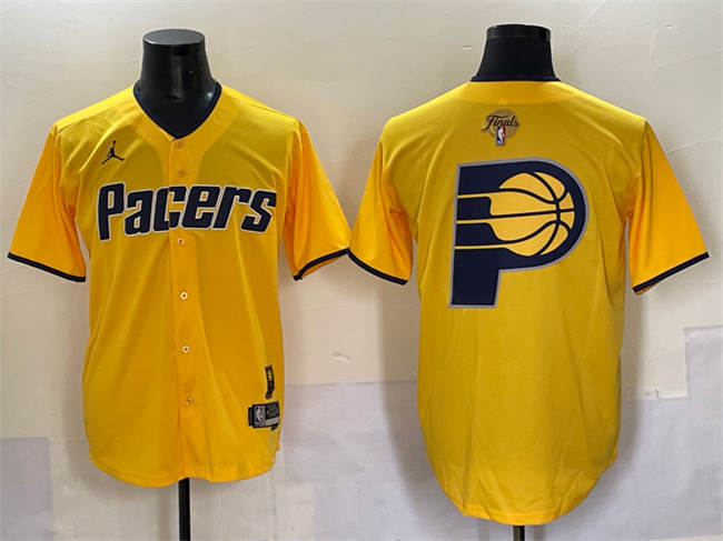 Personalized Men’s Indiana Pacers Team Big Logo Yellow 2025 Finals Stitched Baseball Jersey