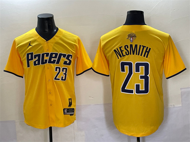 Personalized Men’s Indiana Pacers #23 Aaron Nesmith Yellow 2025 Finals Stitched Baseball Jersey