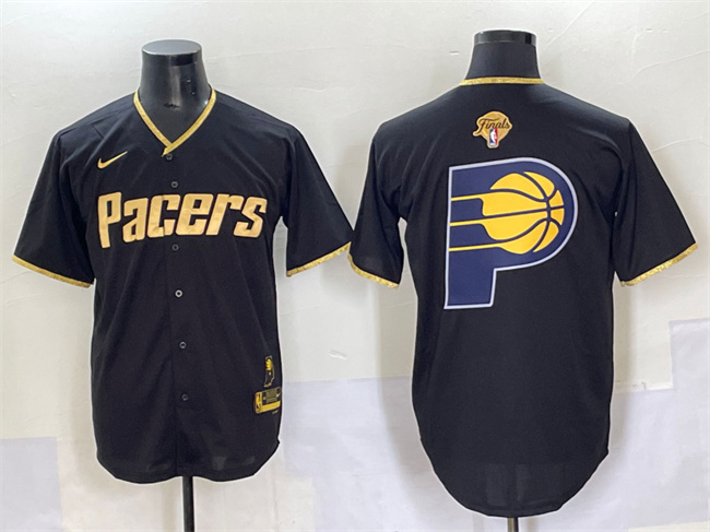 Personalized Men’s Indiana Pacers Team Big Logo Black Gold 2025 Finals Stitched Baseball Jersey
