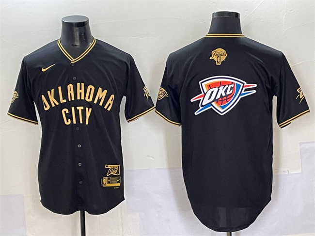Personalized Men’s Oklahoma City Thunder Team Big Logo Black Gold 2025 Finals Stitched Baseball Jersey