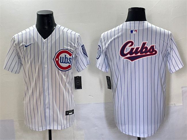Personalized Men’s Chicago Cubs Team Big Logo White Pinstripe 2nd Alternate Limited Stitched Baseball Jersey