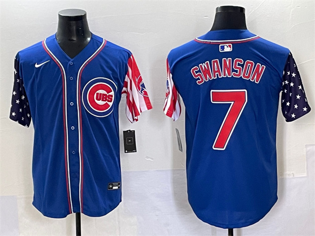 Personalized Men’s Chicago Cubs #7 Dansby Swanson Royal 2025 Independence Day Premier Limited Stitched Baseball Jersey