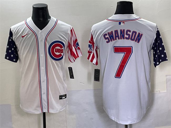 Personalized Men’s Chicago Cubs #7 Dansby Swanson White 2025 Independence Day Premier Limited Stitched Baseball Jersey
