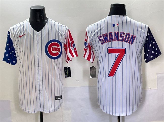 Personalized Men’s Chicago Cubs #7 Dansby Swanson White Pinstripe 2025 Independence Day Premier Limited Stitched Baseball Jersey
