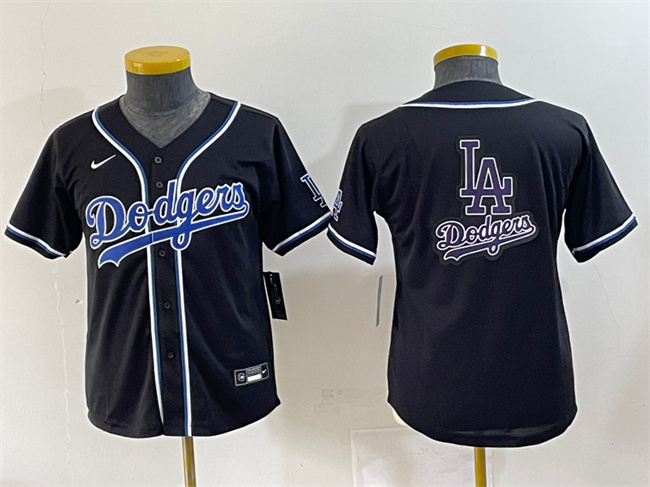 Personalized Youth Los Angeles Dodgers Team Big Logo Black Stitched Baseball Jersey
