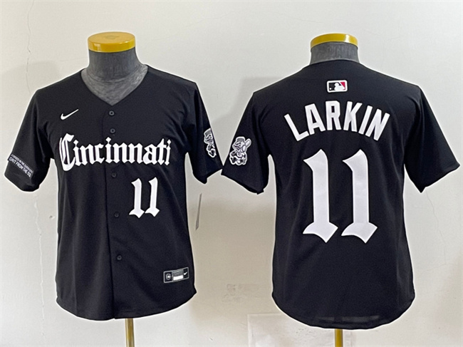 Personalized Youth Cincinnati Reds #11 Barry Larkin Black ‘Gothic Queen City Edition’ Premier Limited Stitched Baseball Jersey