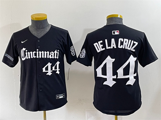Personalized Youth Cincinnati Reds #44 Elly De La Cruz Black ‘Gothic Queen City Edition’ Premier Limited Stitched Baseball Jersey