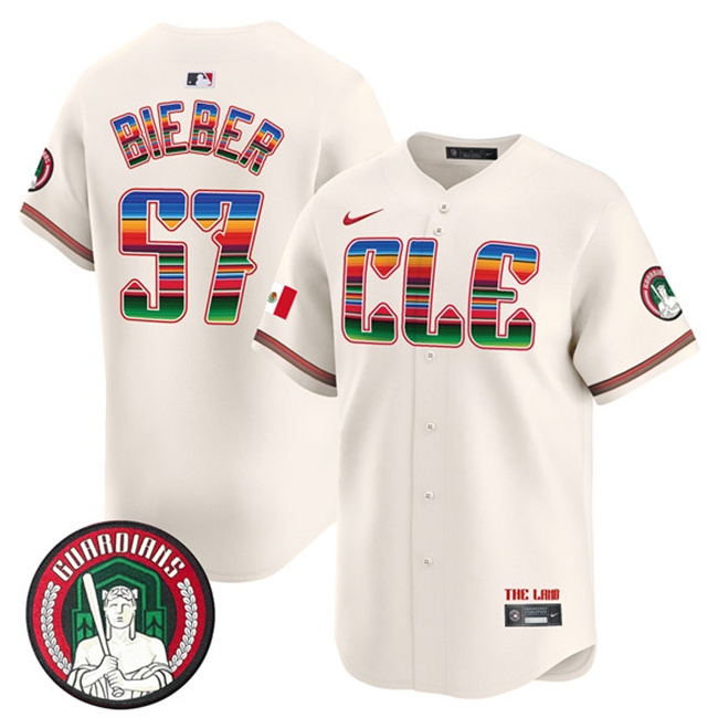 Personalized Men’s Cleveland Guardians #57 Shane Bieber Cream Mexico Premier Limited Stitched Baseball Jersey