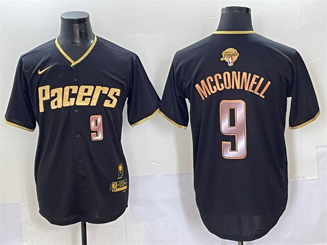 Personalized Men’s Indiana Pacers #9 T.J. McConnell Black Gold 2025 Finals Stitched Baseball Jersey