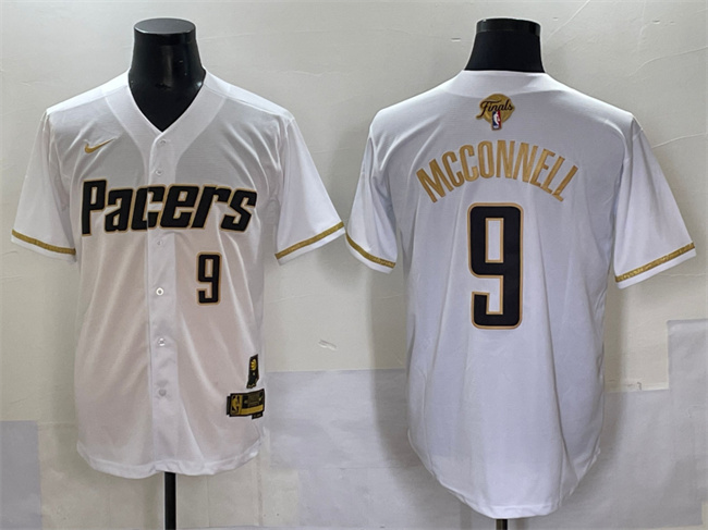 Personalized Men’s Indiana Pacers #9 T.J. McConnell White Gold 2025 Finals Stitched Baseball Jersey