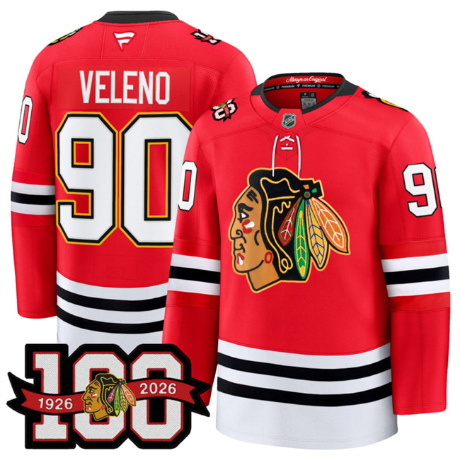 Personalized Men’s Chicago Blackhawks #90 Joe Veleno Red 2025 Home 100th Anniversary Stitched Hockey Jersey