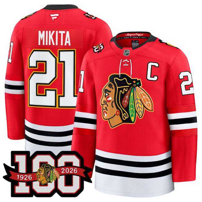 Personalized Men’s Chicago Blackhawks #21 Stan Mikita Red 2025 Home 100th Anniversary Stitched Hockey Jersey