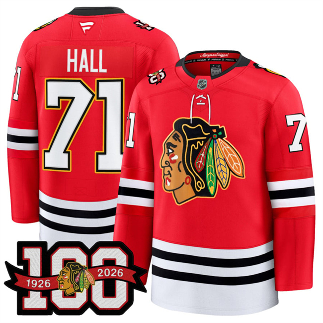 Personalized Men’s Chicago Blackhawks #71 Taylor Hall Red 2025 Home 100th Anniversary Stitched Hockey Jersey