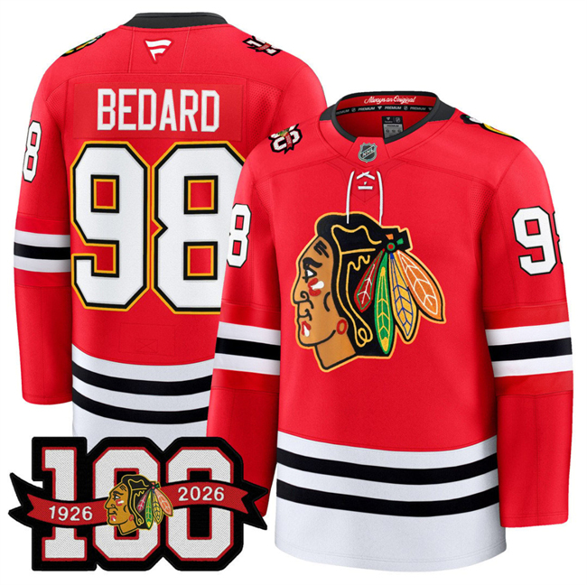 Personalized Men’s Chicago Blackhawks #98 Connor Bedard Red 2025 Home 100th Anniversary Stitched Hockey Jersey