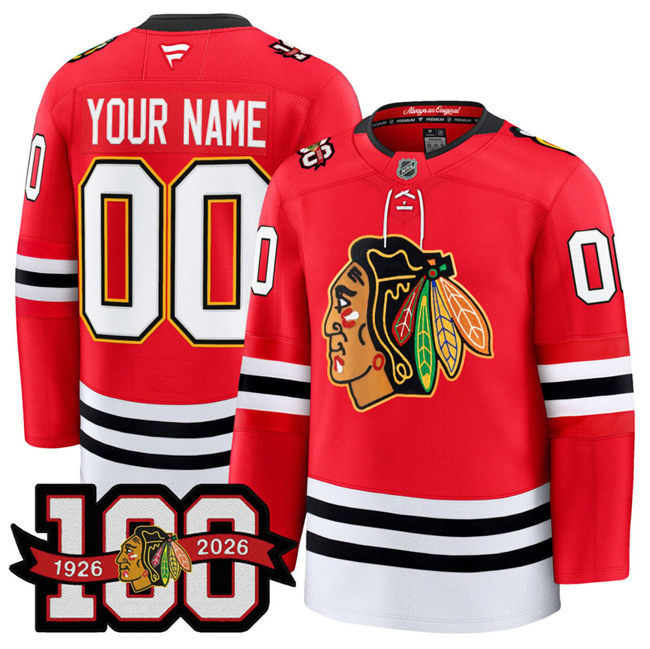 Personalized Men’s Chicago Blackhawks Active Player Red 2025 Home 100th Anniversary Stitched Hockey Jersey