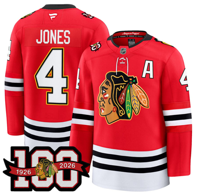 Personalized Men’s Chicago Blackhawks #4 Seth Jones Red 2025 Home 100th Anniversary With A Patch Stitched Hockey Jersey