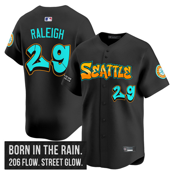 Personalized Men’s Seattle Mariners #29 Cal Raleigh Black 2025 ‘Graffiti Emerald Drop Edition’ Premier Limited Stitched Jersey