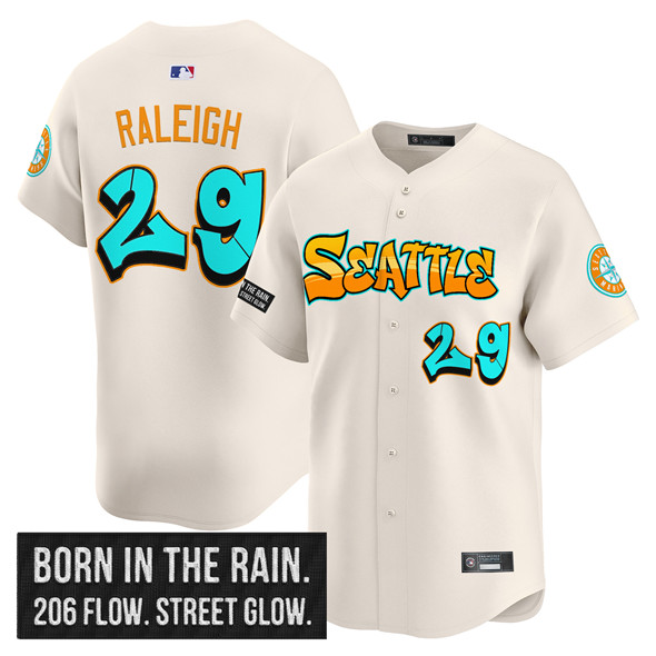 Personalized Men’s Seattle Mariners #29 Cal Raleigh Cream 2025 ‘Graffiti Emerald Drop Edition’ Premier Limited Stitched Jersey