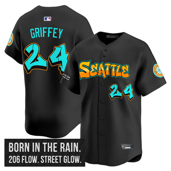 Personalized Men’s Seattle Mariners #24 Ken Griffey Jr. Black 2025 ‘Graffiti Emerald Drop Edition’ Premier Limited Stitched Jersey