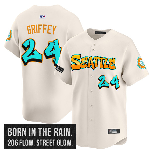 Personalized Men’s Seattle Mariners #24 Ken Griffey Jr. Cream 2025 ‘Graffiti Emerald Drop Edition’ Premier Limited Stitched Jersey