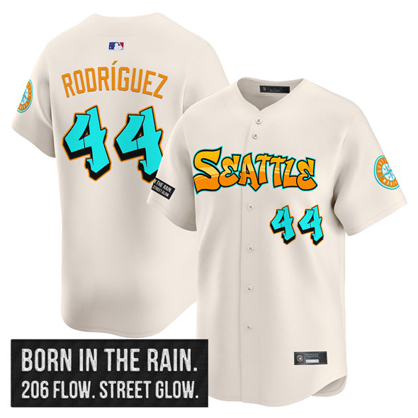 Personalized Men’s Seattle Mariners #44 Julio Rodriguez Cream 2025 ‘Graffiti Emerald Drop Edition’ Premier Limited Stitched Jersey