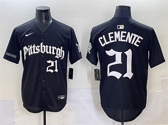 Personalized Men’s Pittsburgh Pirates #21 Roberto Clemente Black ‘Gothic Steel City Edition’ Limited Stitched Baseball Jersey