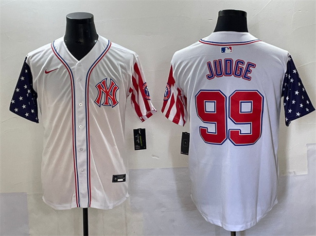 Personalized Men’s New York Yankees #99 Aaron Judge White 2025 Independence Day Premier Limited Stitched Baseball Jersey