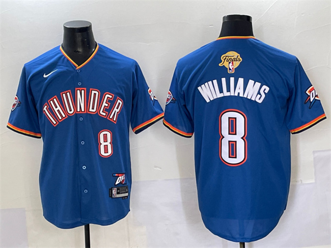 Personalized Men’s Oklahoma City Thunder #8 Jalen Williams Blue 2025 Finals Stitched Baseball Jersey