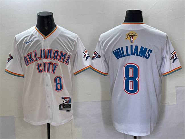 Personalized Men’s Oklahoma City Thunder #8 Jalen Williams White 2025 Finals Stitched Baseball Jersey