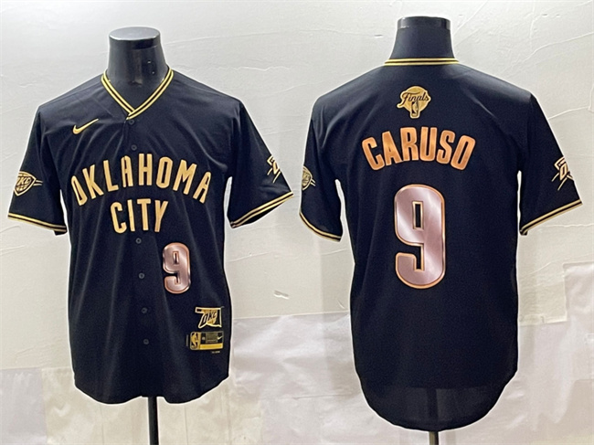 Personalized Men’s Oklahoma City Thunder #9 Alex Caruso Black Gold 2025 Finals Stitched Baseball Jersey