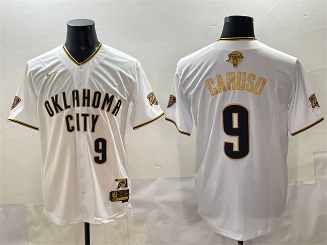 Personalized Men’s Oklahoma City Thunder #9 Alex Caruso White Gold 2025 Finals Stitched Baseball Jersey