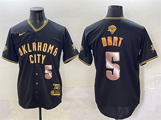 Personalized Men’s Oklahoma City Thunder #5 Luguentz Dort Black Gold 2025 Finals Stitched Baseball Jersey