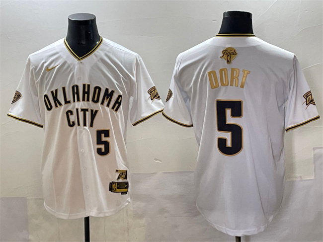 Personalized Men’s Oklahoma City Thunder #5 Luguentz Dort White Gold 2025 Finals Stitched Baseball Jersey