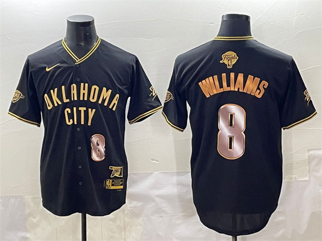 Personalized Men’s Oklahoma City Thunder #8 Jalen Williams Black Gold 2025 Finals Stitched Baseball Jersey