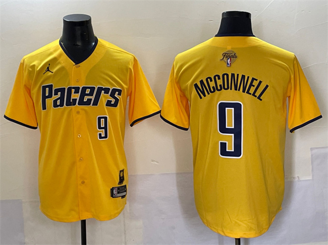 Personalized Men’s Indiana Pacers #9 T.J. McConnell Yellow 2025 Finals Stitched Baseball Jersey