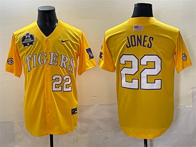 Personalized Men’s LSU Tigers #22 Jared Jones Gold 2025 World Series & SEC Patch Stitched Baseball Jersey