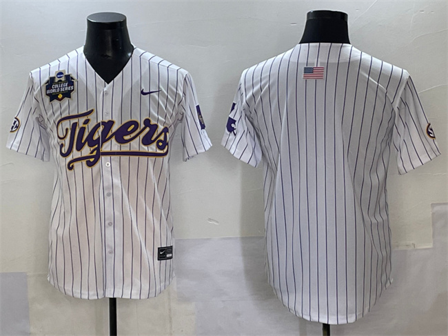 Personalized Men’s LSU Tigers Blank White Pinstripe 2025 World Series & SEC Patch Stitched Baseball Jersey