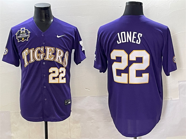 Personalized Men’s LSU Tigers #22 Jared Jones Purple 2025 World Series & SEC Patch Stitched Baseball Jersey