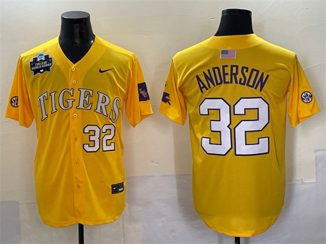 Personalized Men’s LSU Tigers #32 Kade Anderson Gold 2025 World Series & SEC Patch Stitched Baseball Jersey