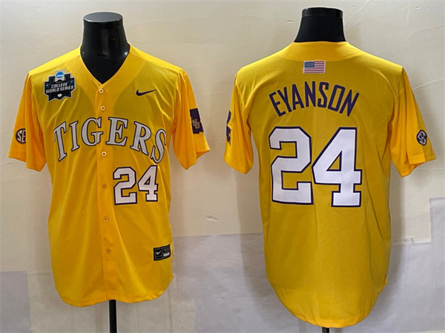 Personalized Men’s LSU Tigers #24 Anthony Eyanson Gold 2025 World Series & SEC Patch Stitched Baseball Jersey