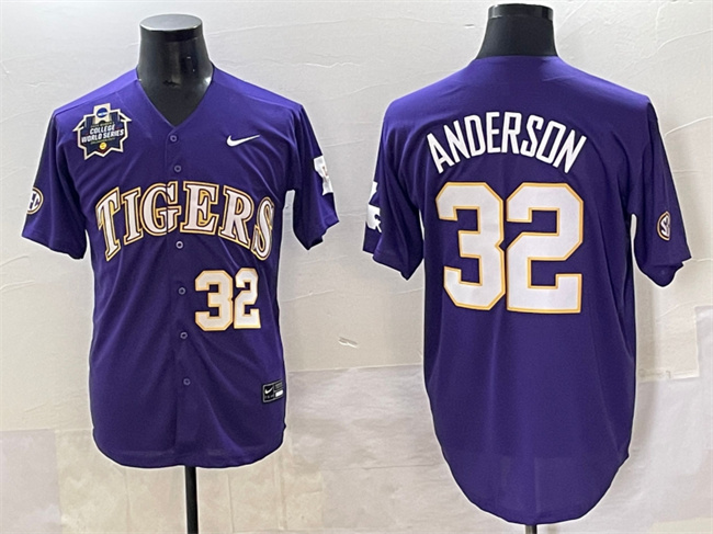 Personalized Men’s LSU Tigers #32 Kade Anderson Purple 2025 World Series & SEC Patch Stitched Baseball Jersey